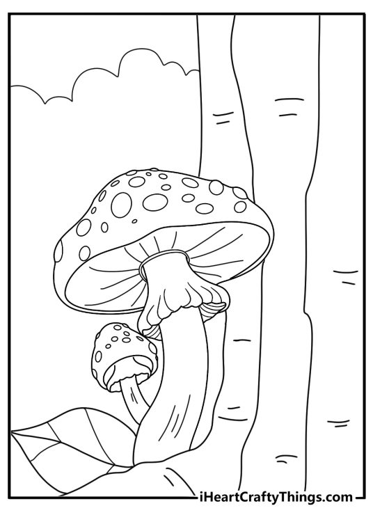 Mushroom cluster growing at the base of a large tree detailed nature coloring page