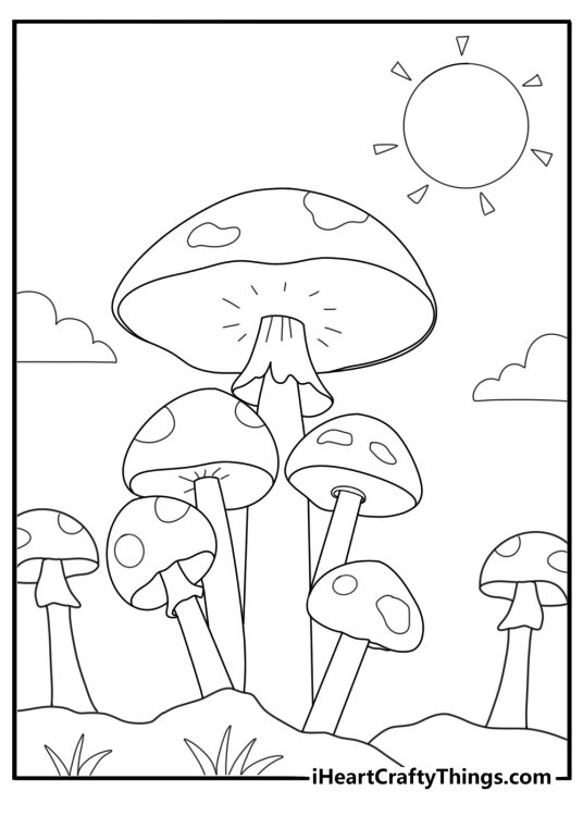 Mushroom field with many small caps in rows printable landscape coloring sheet