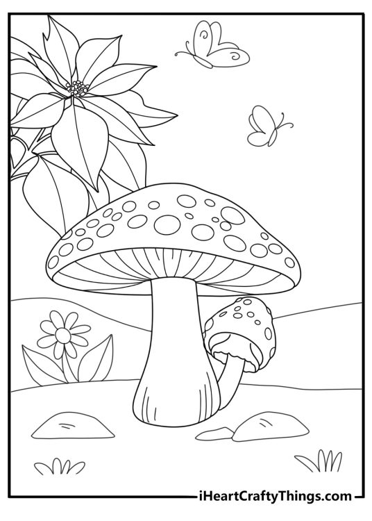 Mushroom patch with flowers and butterflies around it printable coloring page