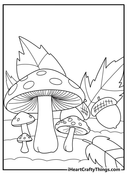 Mushroom surrounded by autumn leaves and acorns seasonal coloring page