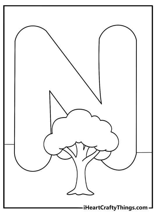 N is for nature coloring sheet with trees around uppercase N