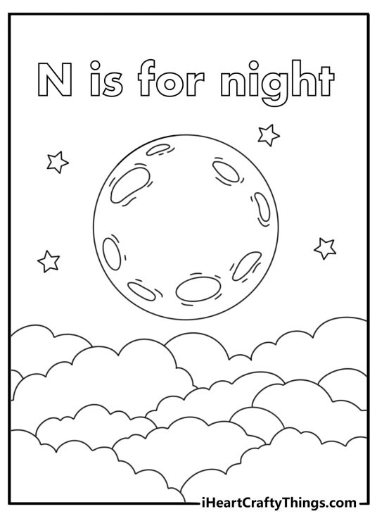 N is for night coloring sheet showing a moon and dark clouds