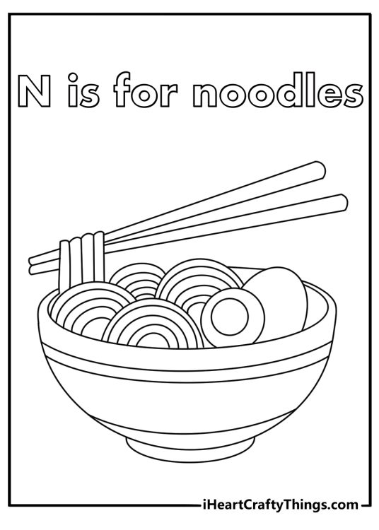 N is for noodles coloring page with a bowl and chopsticks