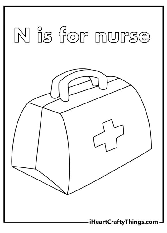 N is for nurse coloring page with a medical bag