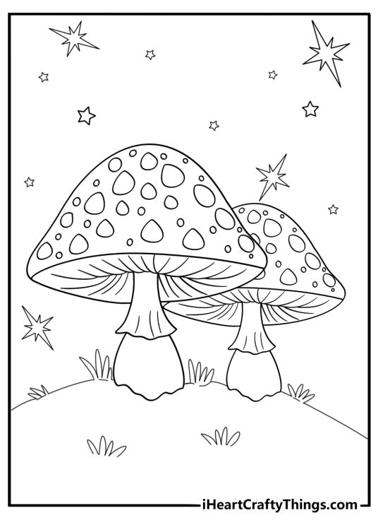 Pair of mushrooms with spirals and stars in the background whimsical coloring sheet