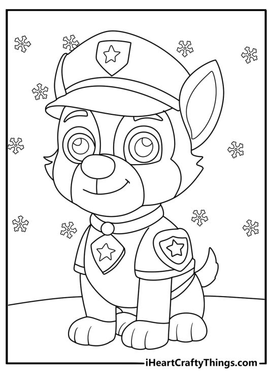 Paw Patrol coloring picture for pre schoolers of a police dog Chase surrounded with snowflakes