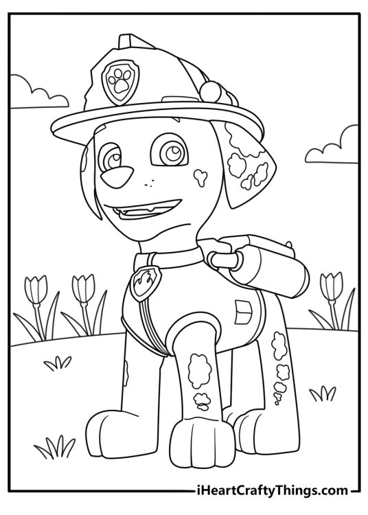 Paw Patrol coloring picture presenting Marshall the fire dog standing surrounded by nature