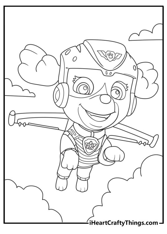 Paw Patrol coloring picture presenting Skye flying between the clouds with her wings expanded