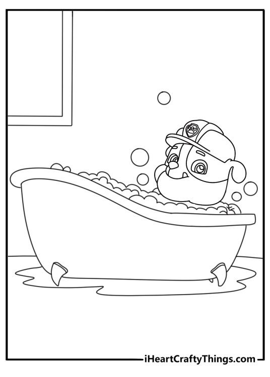 Paw Patrol coloring printable featuring Rubble having a bubbly bath after a long day