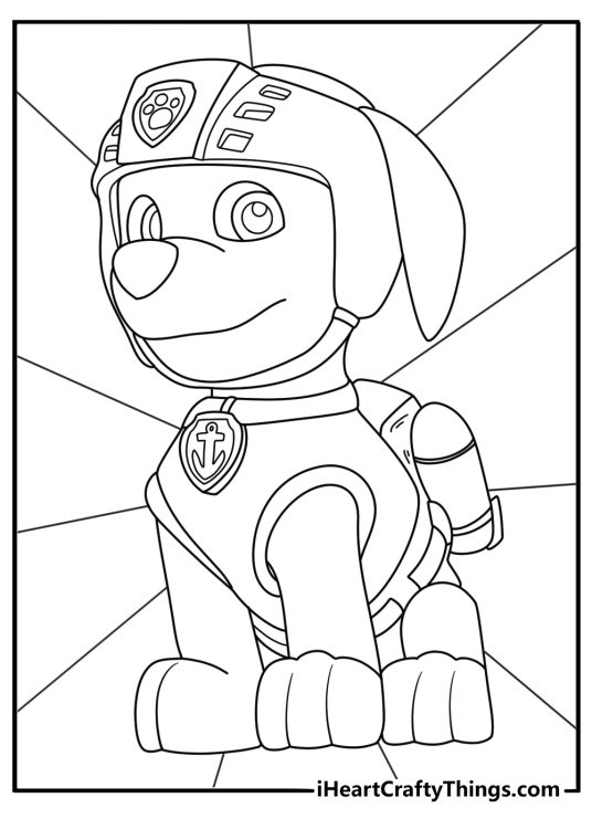 Paw Patrol coloring sheet of a very happy looking Zuma in a sitting position with segmented background