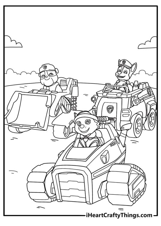 Paw Patrol picture featuring characters Everest Chase and Rubble on a road in their vehicles