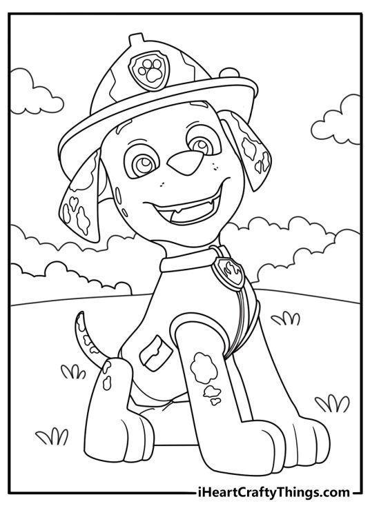 Paw Patrol printable coloring card featuring happily smiling Marshall sitting on the grass