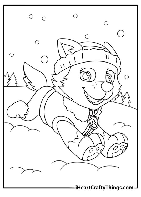 Paw Patrol printable coloring page depicting cheerful Everest running through the snow