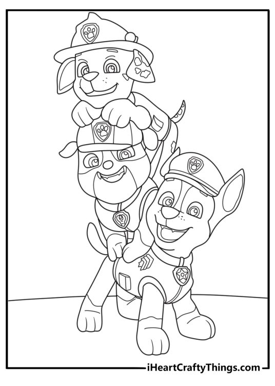 Paw Patrol printable of Rubble with Marshall at the top and Chase at the bottom of the page with stars all around