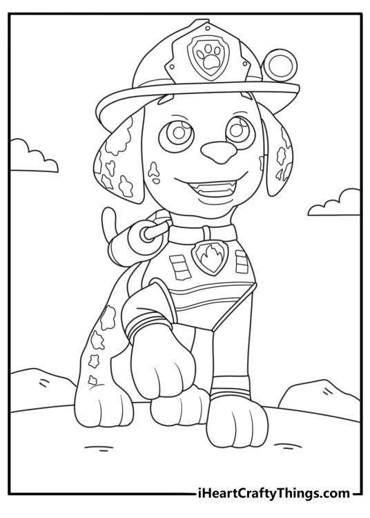 Paw Patrol printable of a Marshall standing on a hill dressed in superhero style outfit