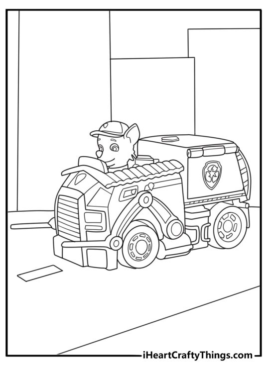 Paw Patrol printable page to color featuring pup Rocky sitting in his recycling truck