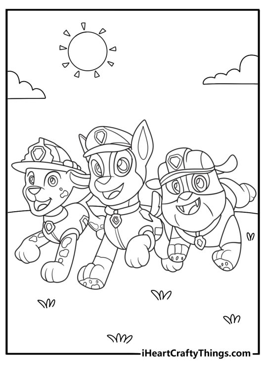 Paw Patrol team of three Rubble Chase and Marshall featured on printable coloring page for kids