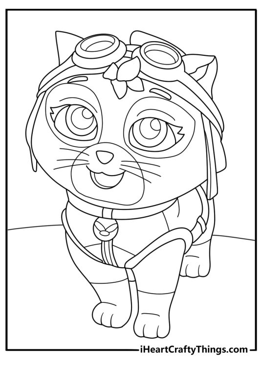 Paw Patrol themed coloring page for children featuring Cat Skye with big eyes and heart shaped nose