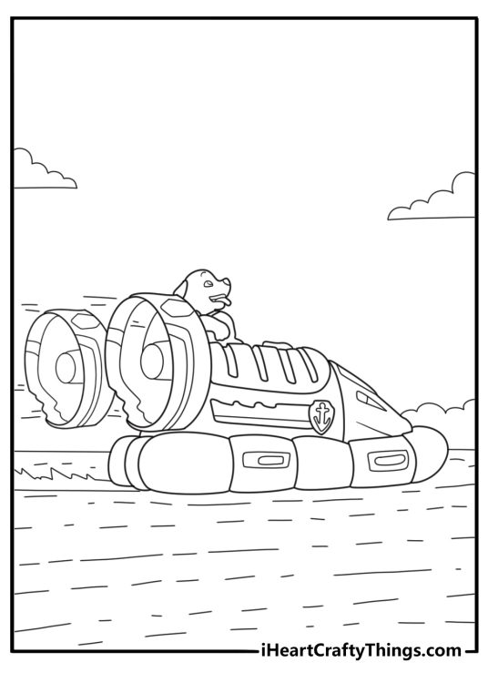 Paw Patrol themed coloring picture for children presenting Zuma speeding through the water