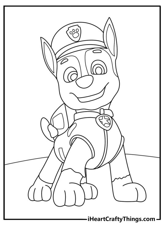 Paw Patrol themed coloring printable for children of a proud Chase posing in his signature outfit
