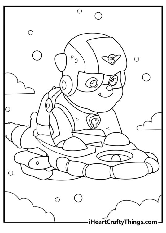 Paw Patrol themed page to color of a happy Rubble flying in the air with bubbles all around him