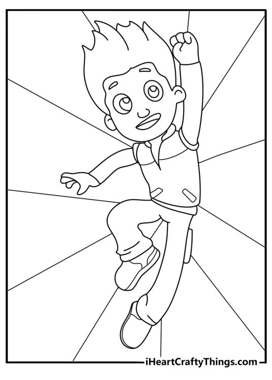 Paw Patrol themed picture for kids featuring human character Ryder leaping into action