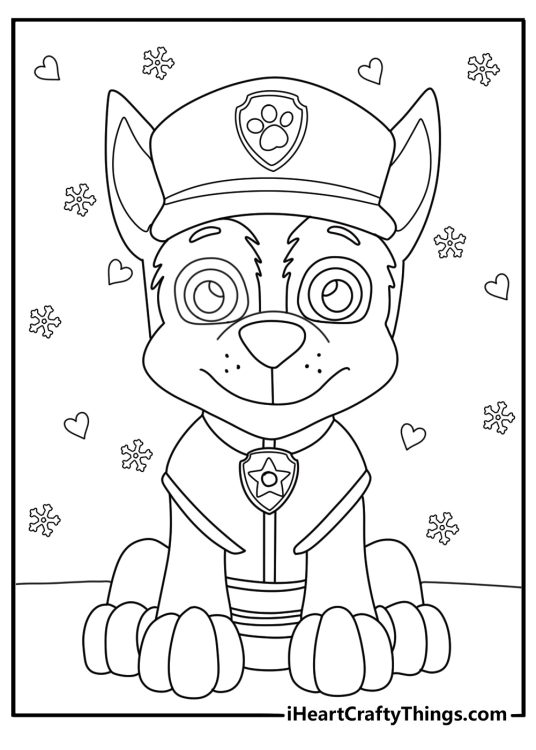 Paw Patrol themed picture to color presenting police dog Chase with snowflakes and hearts in the backgorund