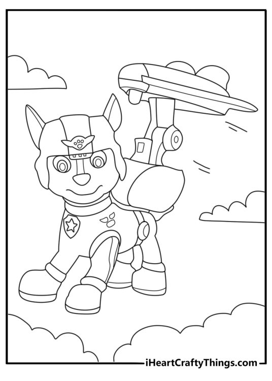 Paw Patrol themed poster featuring police dog Chase flying through the air with his famous jetpack