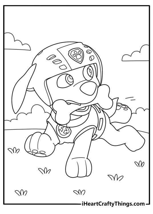 Paw Patrol themed poster for kids featuring Zuma running away with a bone in his mouth