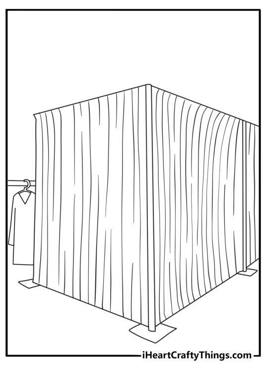 Printable BTS coloring page showing a backstage dressing room with outfits