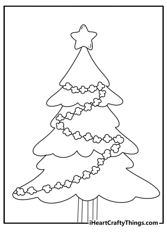 Printable Christmas Tree page featuring popcorn garland wrapped around the tree