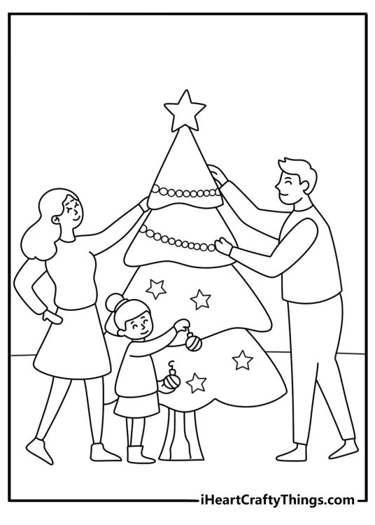 Printable Christmas Tree scene showing a family removing decorations after the holidays