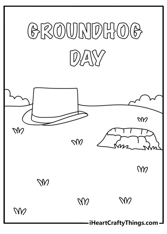 Printable Groundhog Day coloring page showing a tiny top hat beside a tunnel