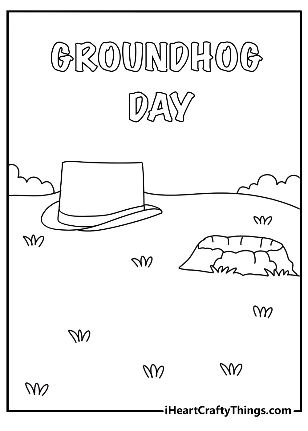 Printable Groundhog Day coloring page showing a tiny top hat beside a tunnel