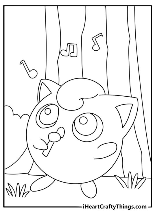 Printable Jigglypuff coloring page with Jigglypuff practicing notes by a tree