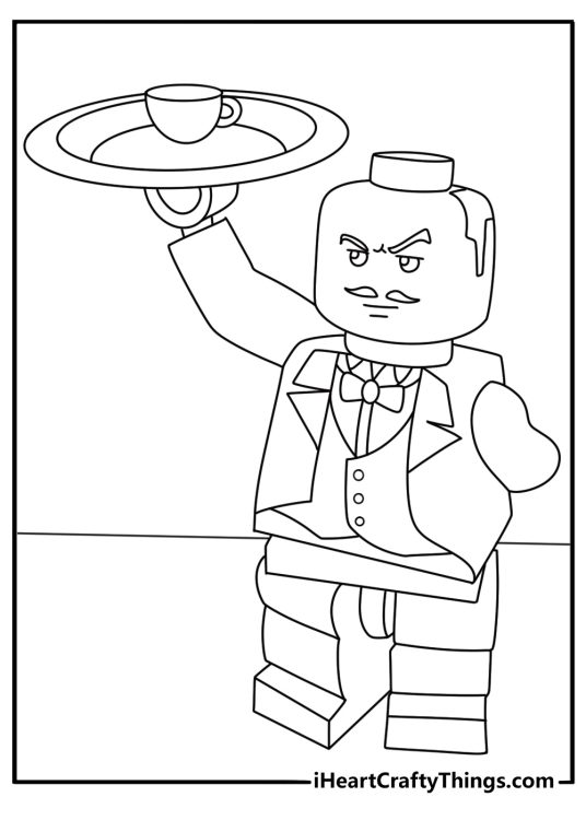 Printable LEGO Batman coloring page with Alfred serving tea in Wayne Manor