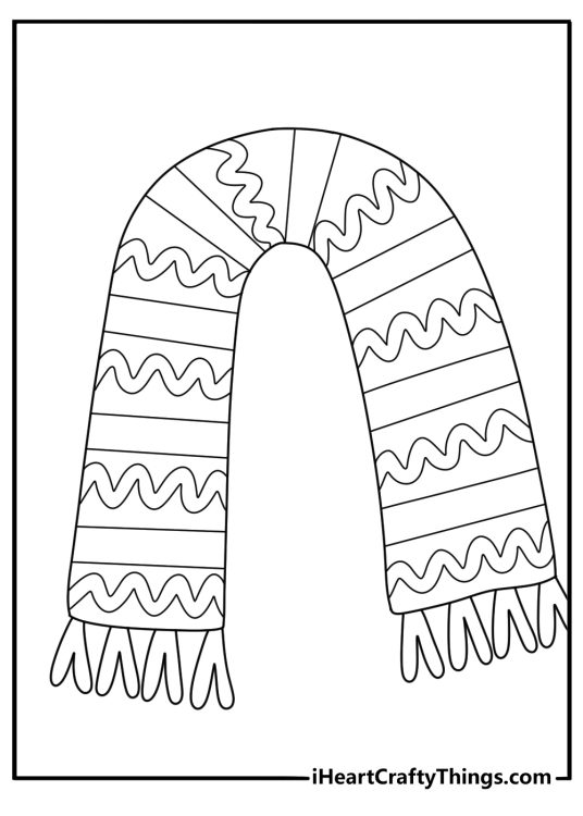 Printable Santa Claus coloring sheet knitting a striped winter scarf