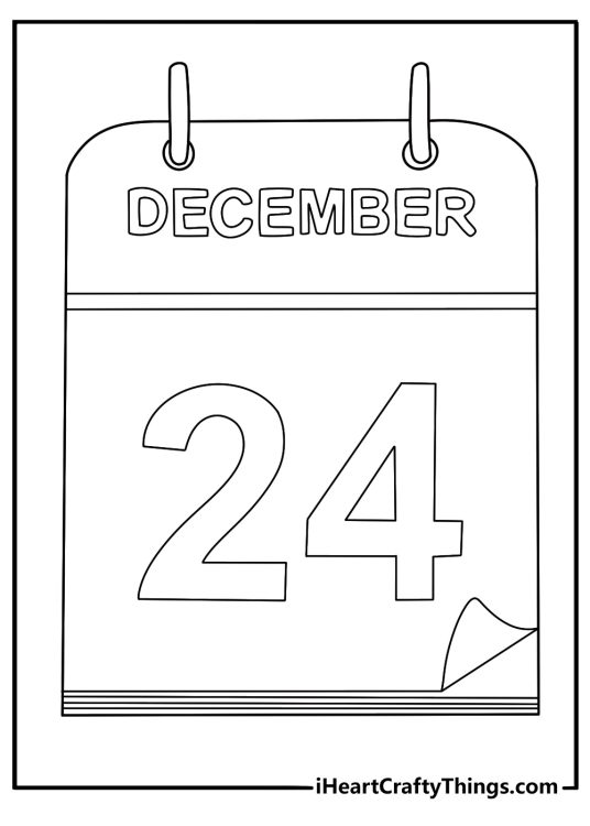Printable Santa coloring page checking a wall calendar marked December twenty four