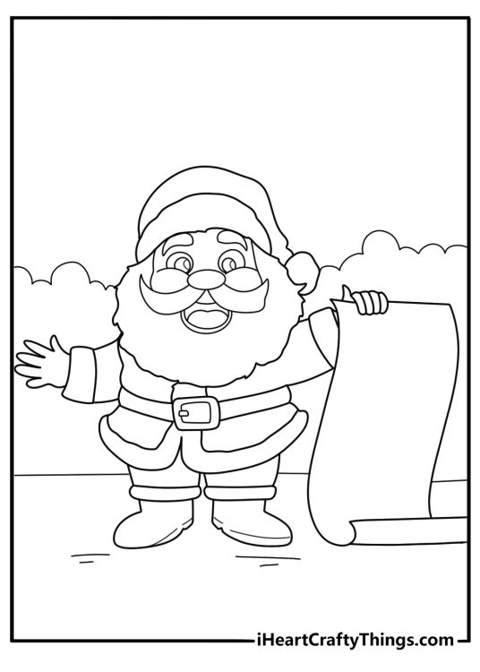 Printable Santa coloring page counting parcels with a chalkboard list