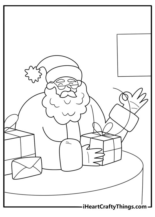 Printable Santa coloring page packing a dollhouse into a gift box
