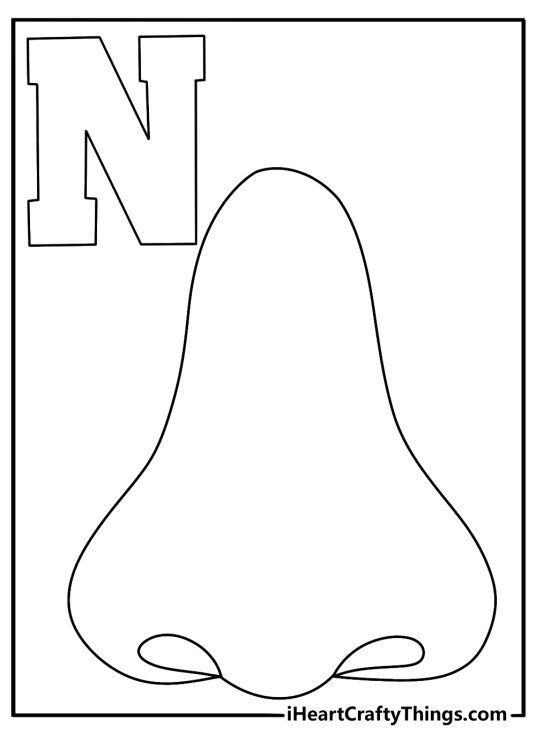 Printable alphabet art featuring a nose beside capital N