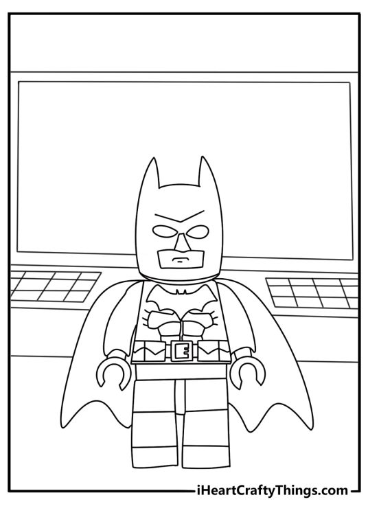 Printable coloring page of LEGO Batman standing in front of the Justice League computer