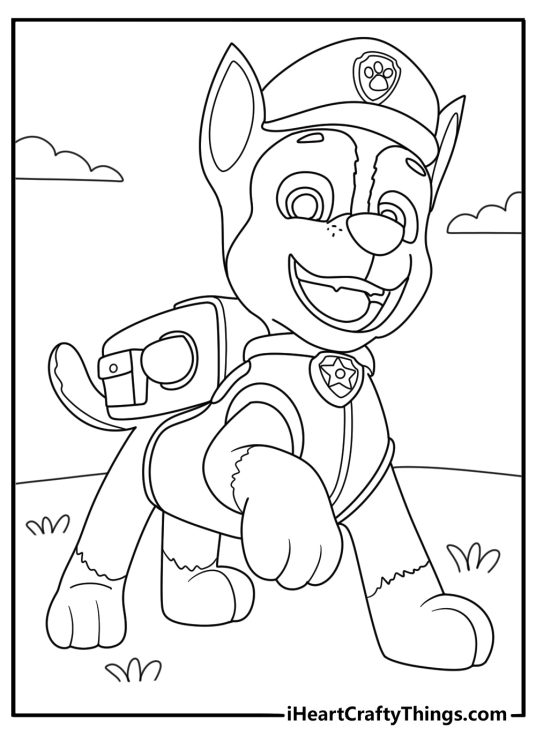 Printable coloring pdf for children of a Chase from Paw Patrol posing in his police uniform