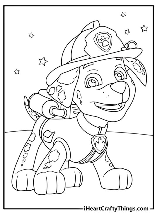 Printable coloring sheet for children presenting fire pup Marshall from Paw Patrol