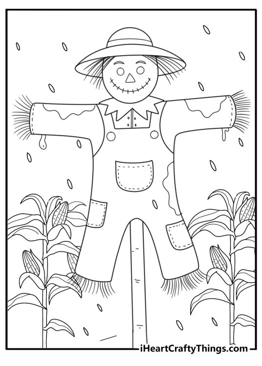 Printable coloring sheet of scarecrow standing in rainy cornfield