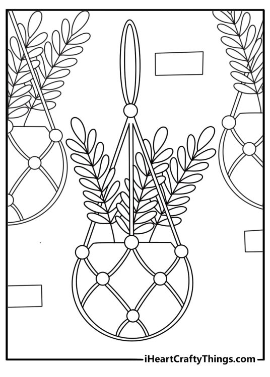Printable hippie coloring page showing a macrame wall hanging and potted plants