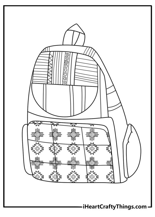 Printable hippie coloring page showing a patchwork backpack with pins