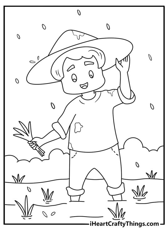 Rain coloring page with farmer planting seeds in wet field