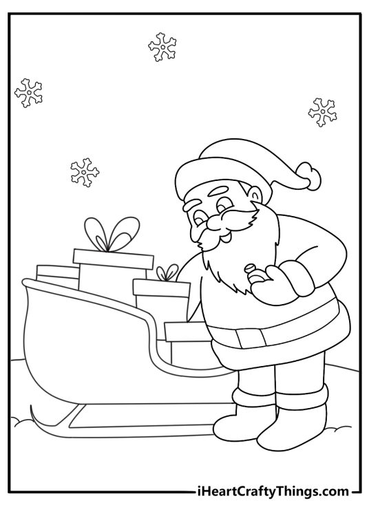 Santa Claus coloring sheet checking a pocket watch near the sled