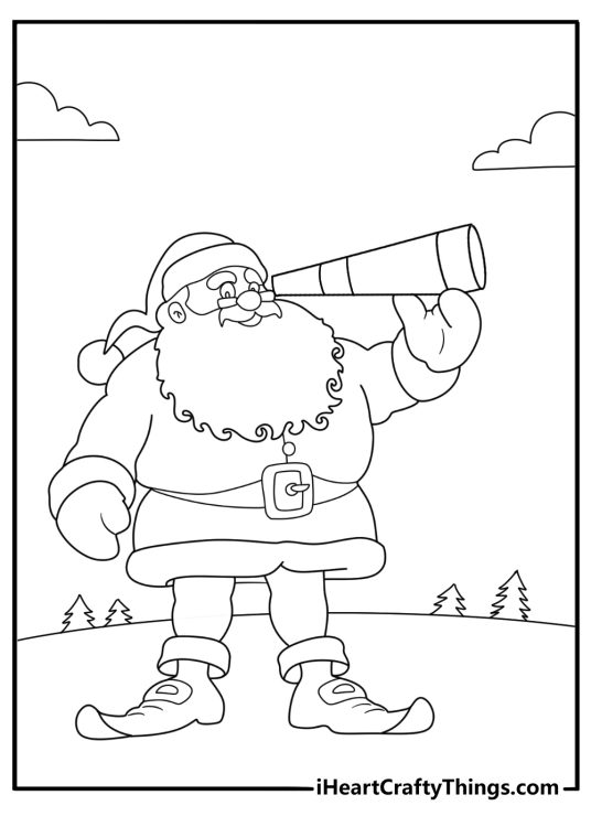 Santa Claus coloring sheet checking weather with a vintage telescope